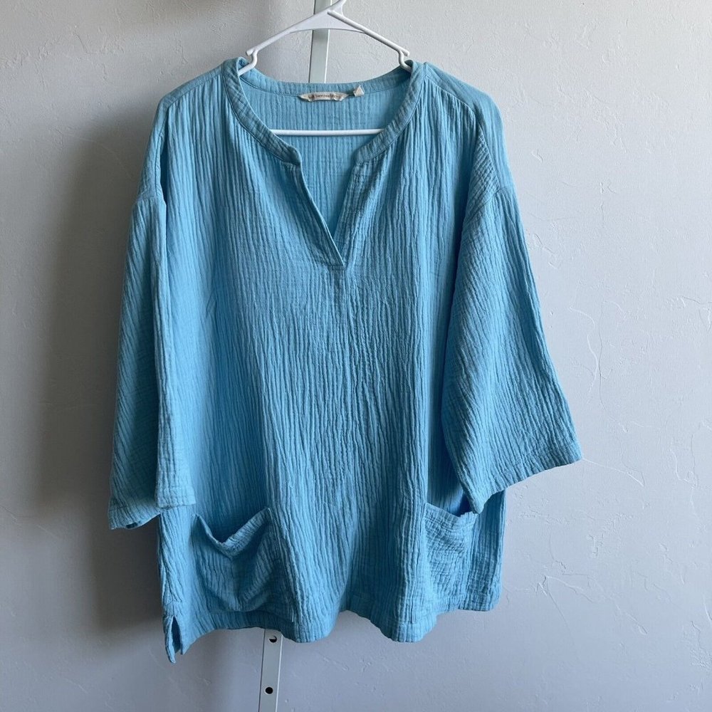 Soft Surroundings Aqua Topaz Gauze V Neck 3/4 Sleeve Shirt Pockets XL